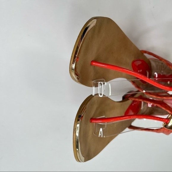 ISOLÁ Coral Peach Orange Snakeskin Gold Tipped T-Strap Cleopatra Sandals Shoes - Picture 4 of 12